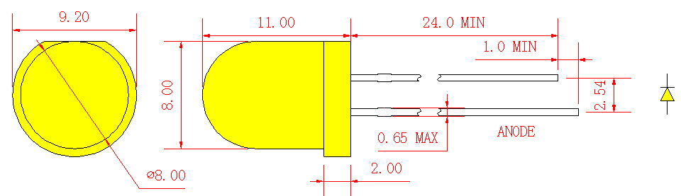 Lámpara LED redonda amarilla de 8 mm con amarillo difuso