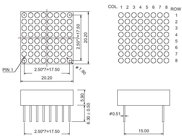 Matriz de puntos LED de 0,7 pulgadas 8x8